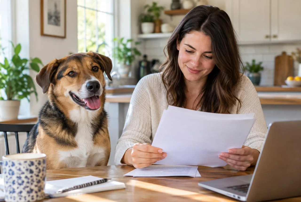 Owner reading a document beside a brown-and-white dog